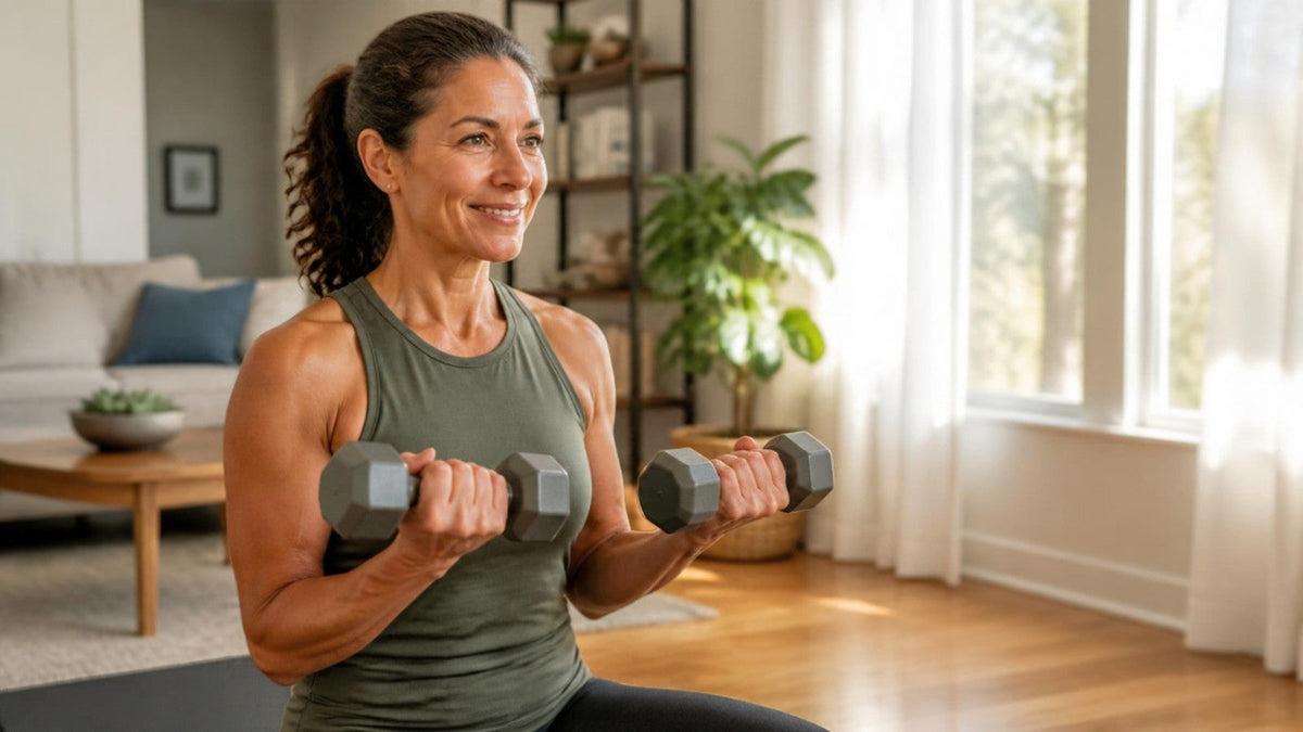 Woman in her forties lifting dumbbells at home to support bone health