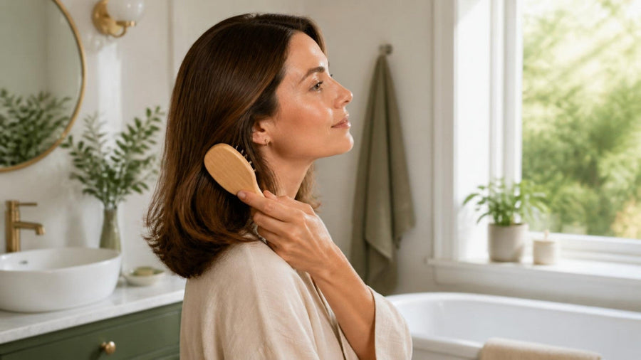 Woman gently brushing her shoulder-length hair in a bright bathroom, illustrating hair care during GLP-1 weight loss