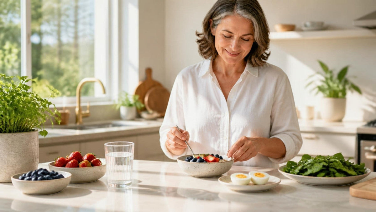 Woman in her fifties preparing a breakfast of yogurt with berries, eggs and leafy greens in a bright kitchen