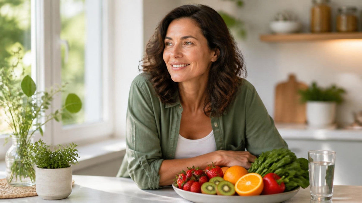 Smiling woman in her 40s with healthy, glowing skin sitting at a bright kitchen counter with a bowl of kiwi, strawberries, oranges, red pepper and leafy greens and a glass of water