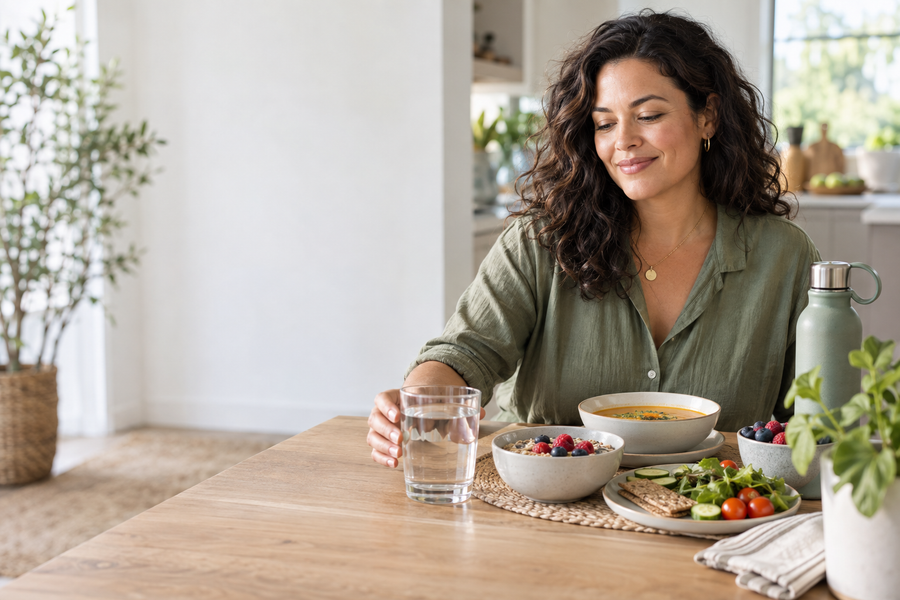 Woman in a bright kitchen holding a glass of water beside a small balanced meal, fruit and a reusable water bottle.