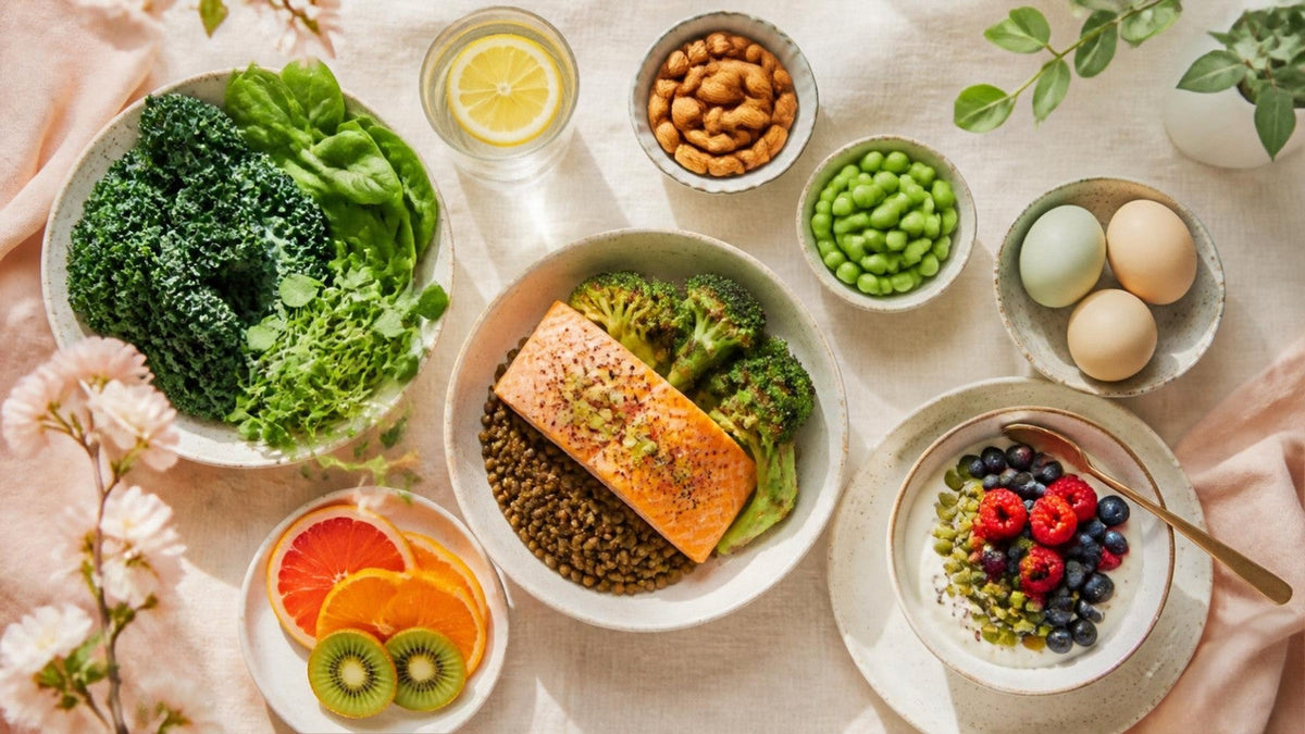 Overhead view of nutrient-rich foods for women: kale and spinach, salmon with lentils and broccoli, yogurt with berries and seeds, eggs, edamame, citrus, kiwi, almonds and lemon water.