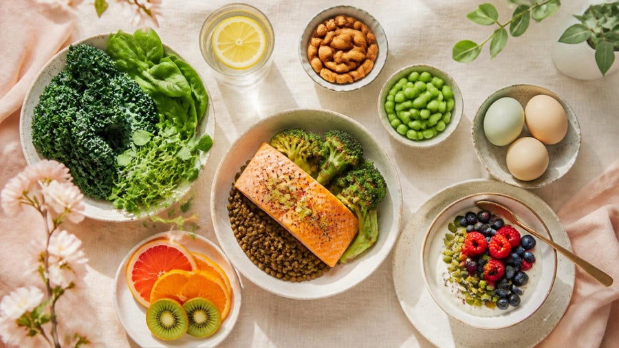 Overhead view of nutrient-rich foods for women: kale and spinach, salmon with lentils and broccoli, yogurt with berries and seeds, eggs, edamame, citrus, kiwi, almonds and lemon water.