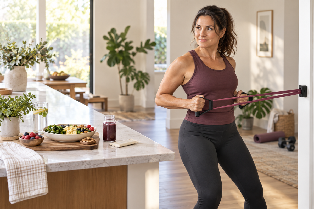 Woman doing a resistance-band exercise beside a protein-rich meal, water and an unbranded berry-coloured wellness drink.