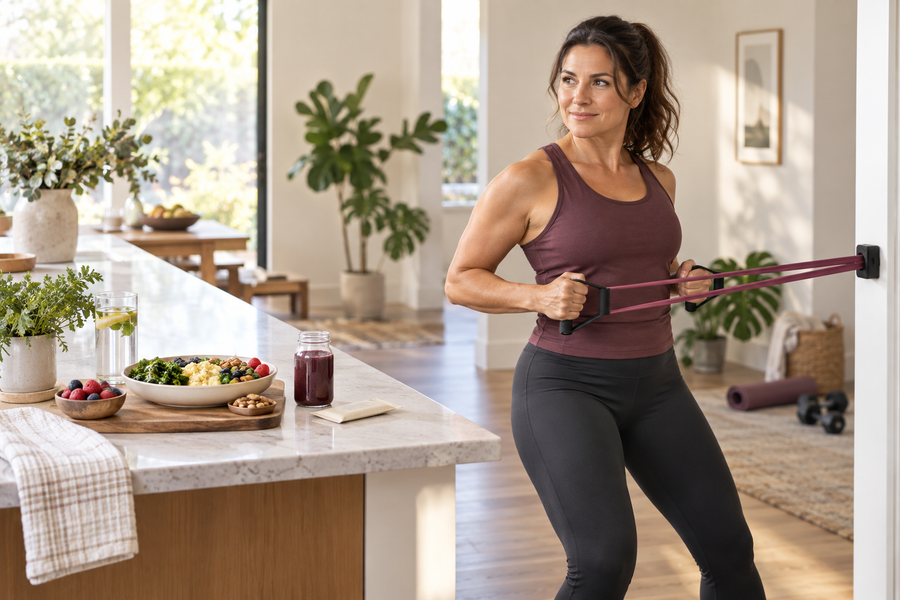 Woman doing a resistance-band exercise beside a protein-rich meal, water and an unbranded berry-coloured wellness drink.