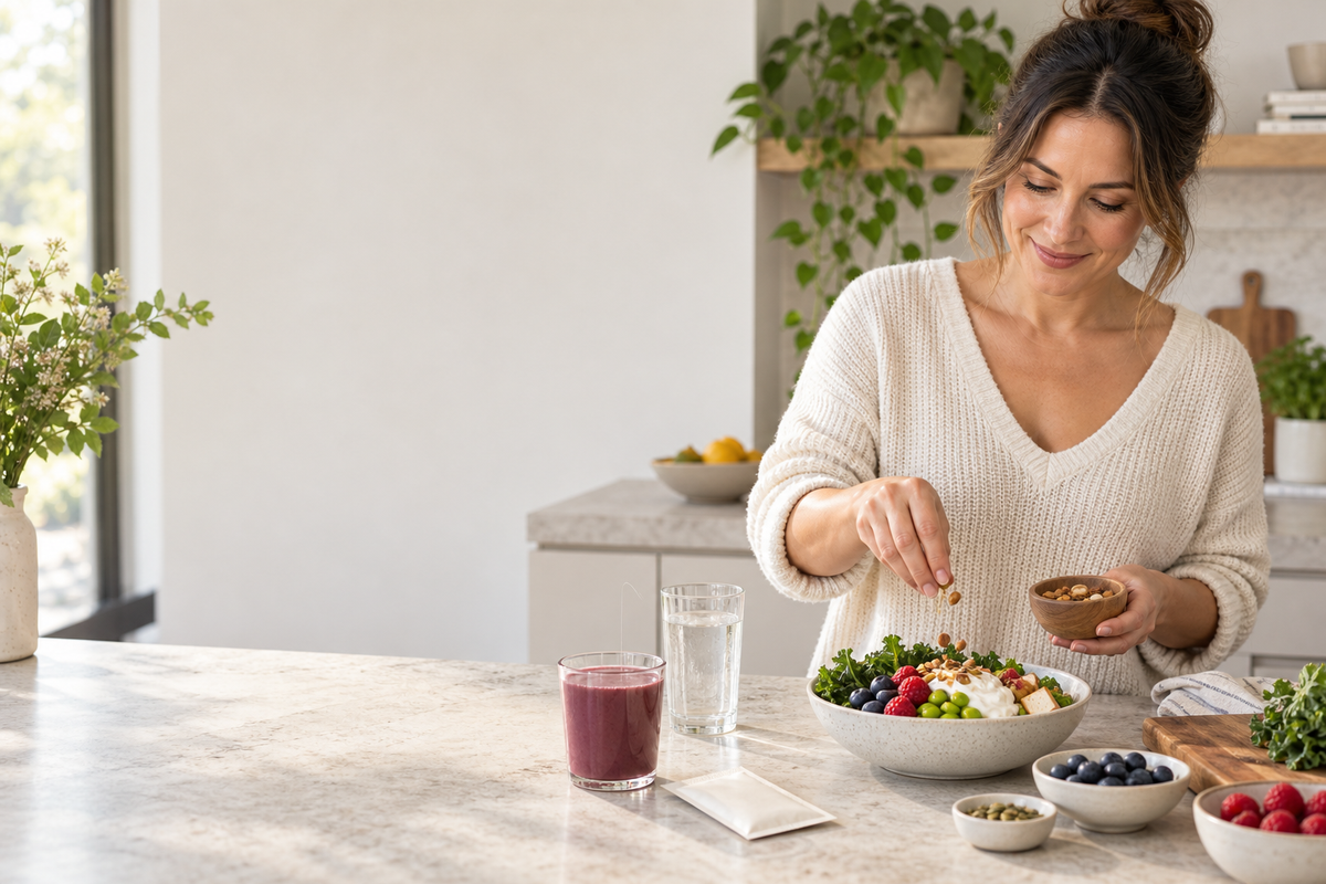 Woman preparing a nutrient-dense meal with leafy greens, berries, soy foods, nuts, water and a berry-coloured wellness drink.
