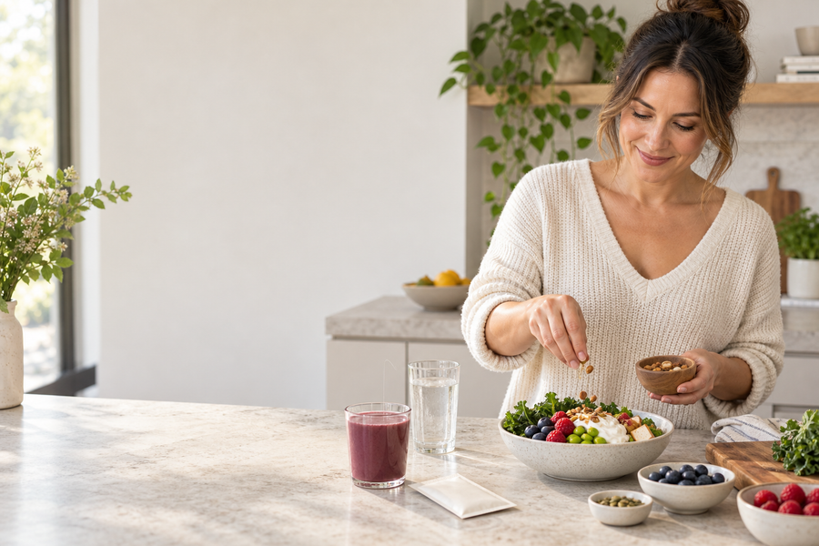 Woman preparing a nutrient-dense meal with leafy greens, berries, soy foods, nuts, water and a berry-coloured wellness drink.