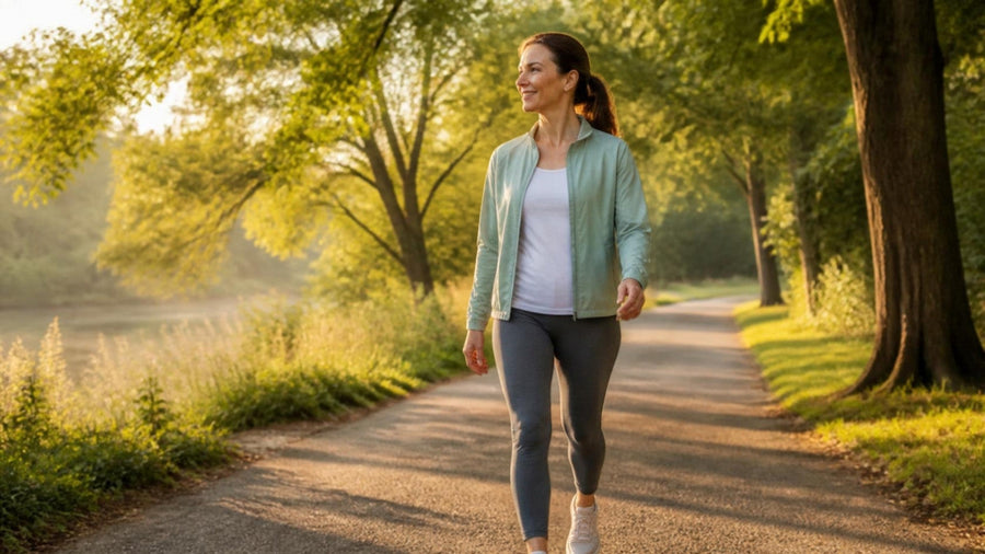 Woman in her forties walking along a park path in morning light