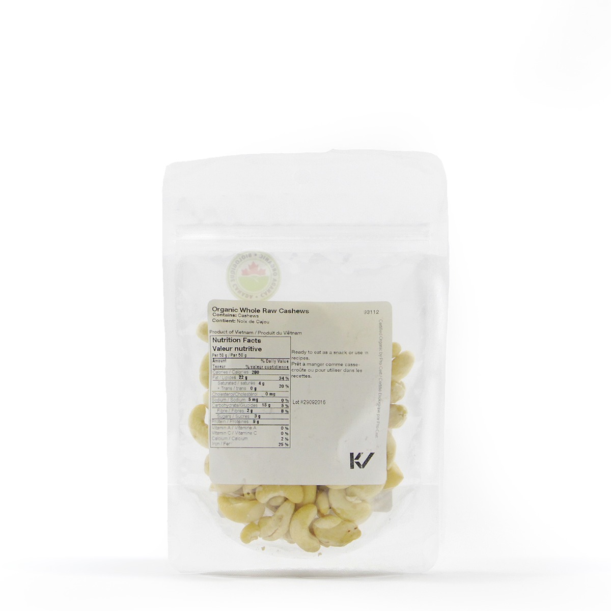 Nutritional Information for Real • Organic Whole Raw Cashews
